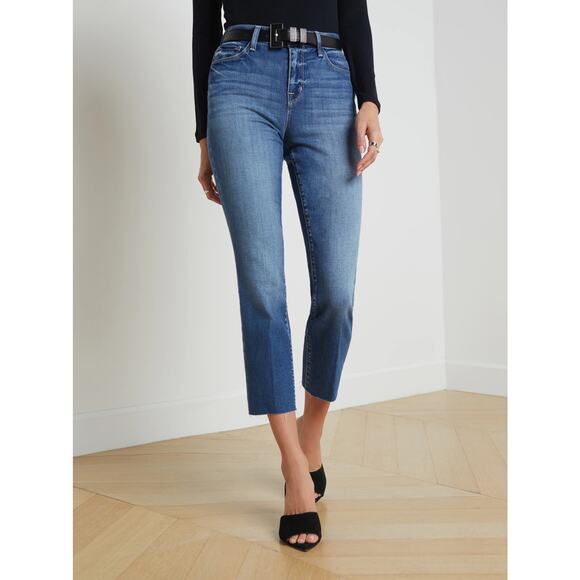 L’Agence Sada Slim Leg Cropped High Rise Raw Hem Denim Blue Jeans Size 24 - Picture 3 of 11
